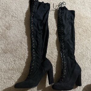 Black Lace-Up Knee-High Boots